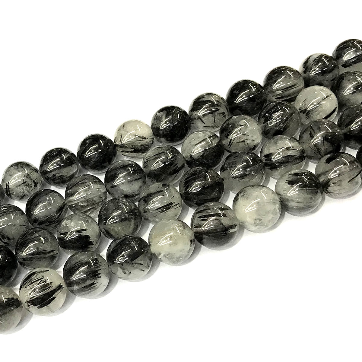 CRU359 Black Rutilated Quartz Beads Smooth Round 12mm 15" Strand