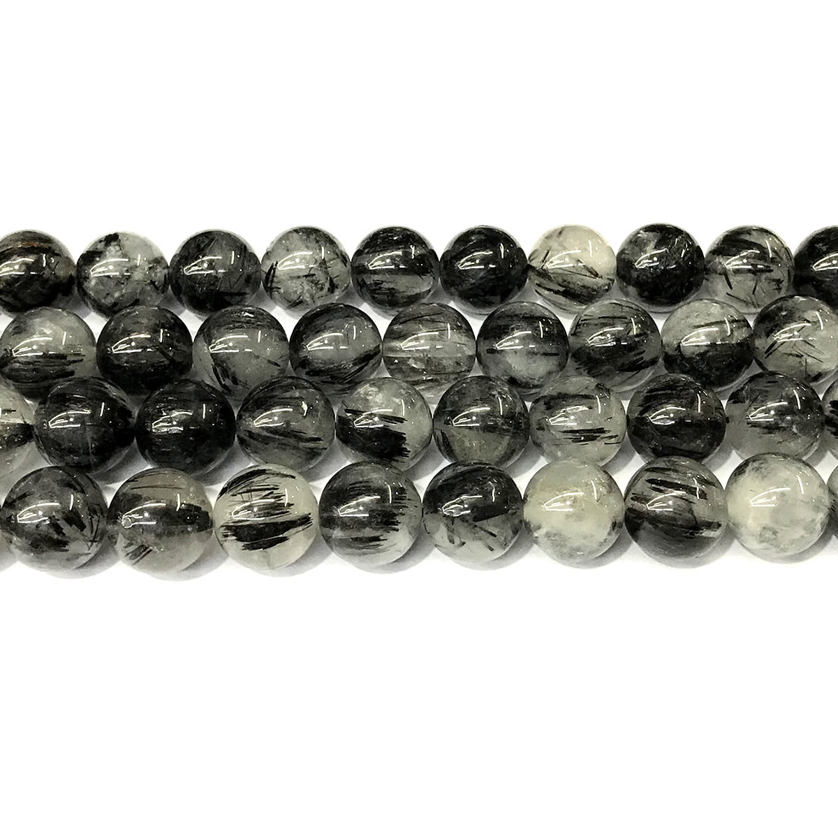 CRU359 Black Rutilated Quartz Beads Smooth Round 12mm 15" Strand