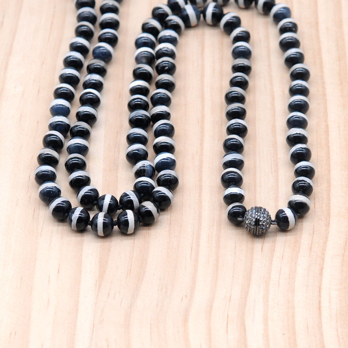 GMN251 Hand-Knotted Black Tibetan Agate Beaded Necklace 8mm 10mm