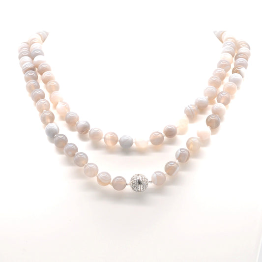 GMN253 Hand-Knotted Grey Banded Agate Beaded Necklace 8mm 10mm