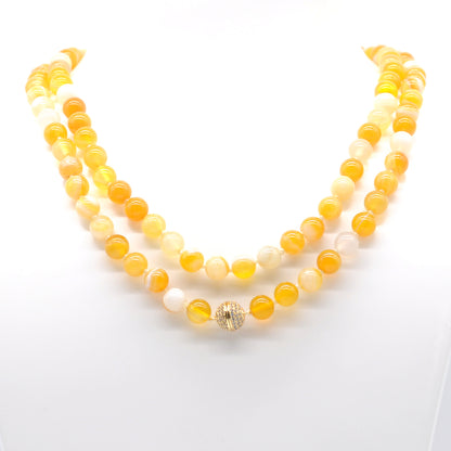 GMN255 Hand-Knotted Yellow Banded Agate Beaded Necklace 8mm 10mm