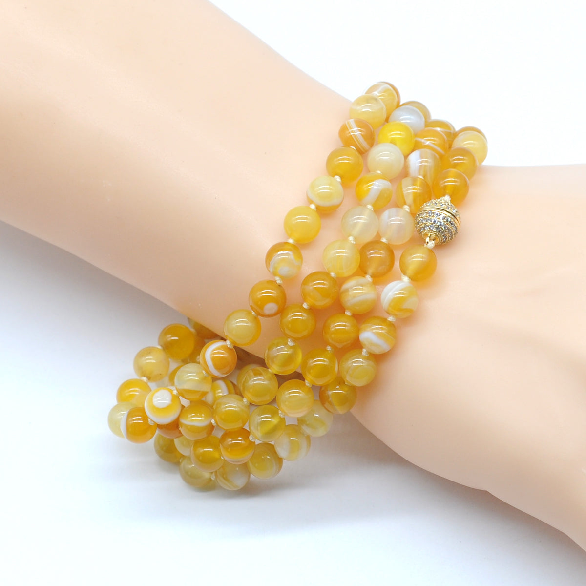 GMN255 Hand-Knotted Yellow Banded Agate Beaded Necklace 8mm 10mm