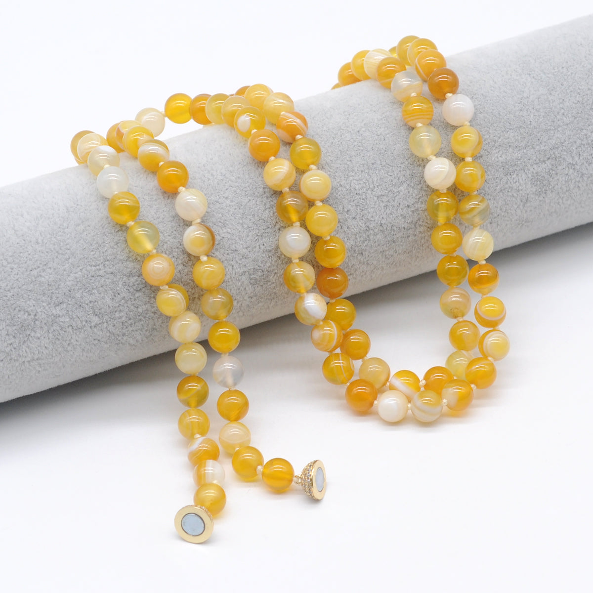 GMN255 Hand-Knotted Yellow Banded Agate Beaded Necklace 8mm 10mm