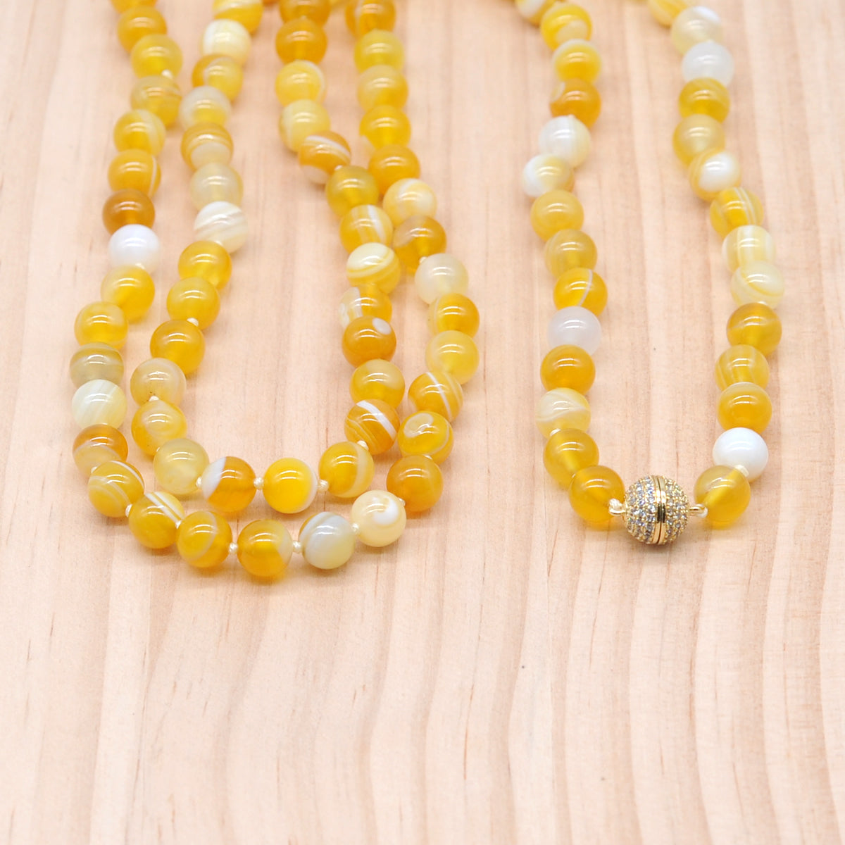 GMN255 Hand-Knotted Yellow Banded Agate Beaded Necklace 8mm 10mm