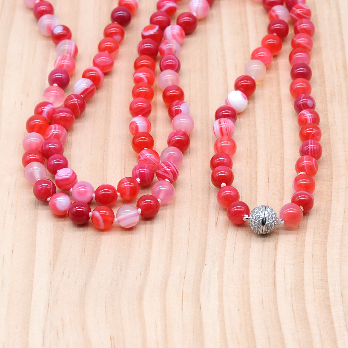 GMN256 Hand-Knotted Red Banded Agate Beaded Necklace 8mm 10mm