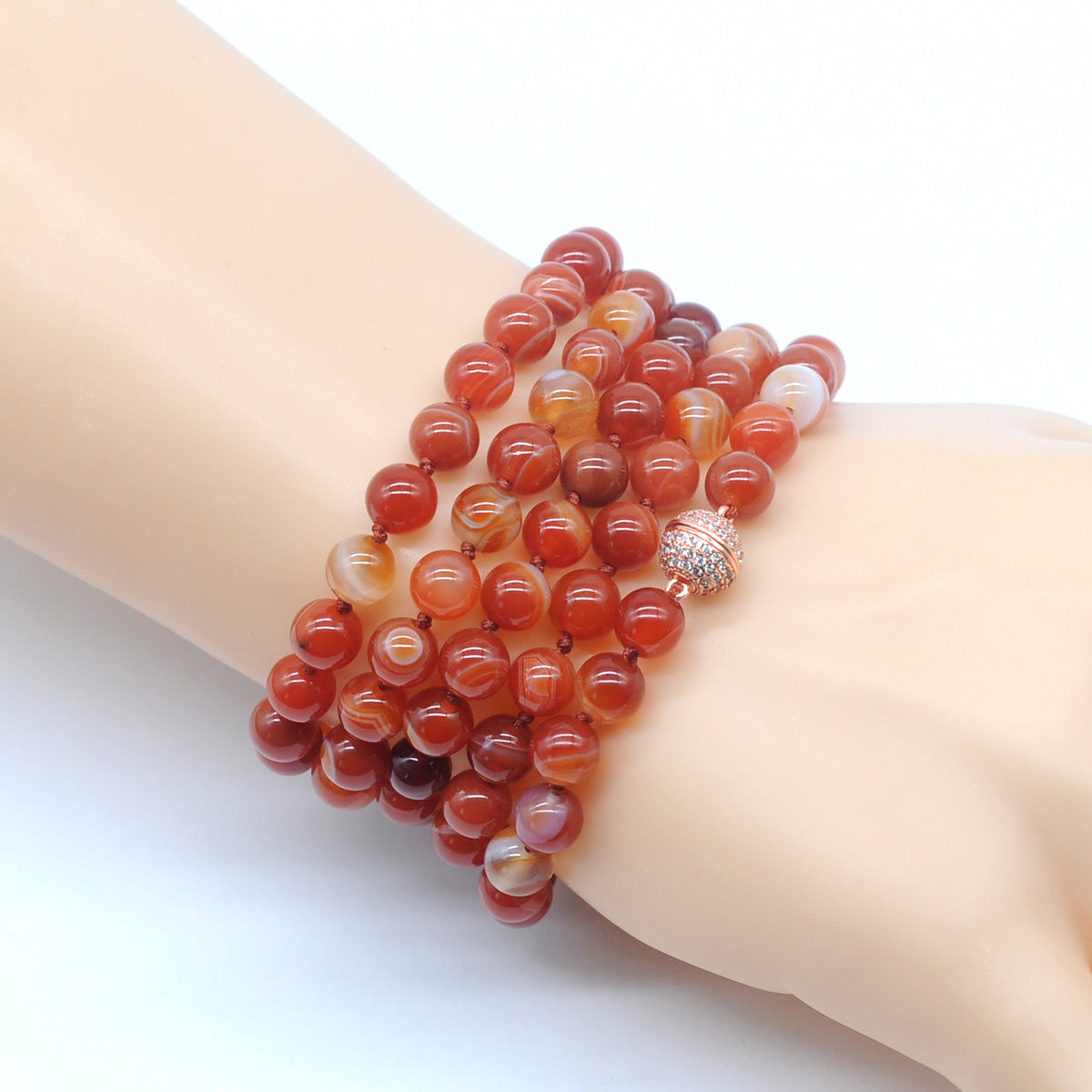 GMN257 Hand-Knotted Red Banded Agate Beaded Necklace 8mm 10mm