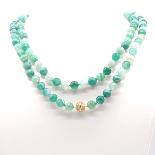 GMN258 Hand-Knotted Green Banded Agate Beaded Necklace 8mm 10mm