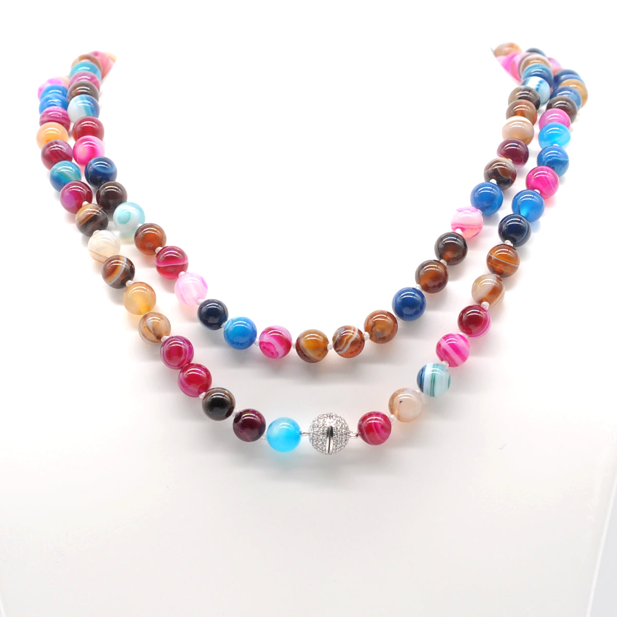 GMN259 Hand-Knotted Colorful Banded Agate Beaded Necklace 8mm 10mm