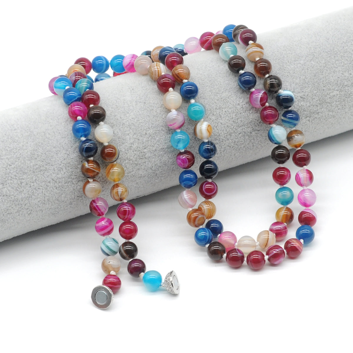 GMN259 Hand-Knotted Colorful Banded Agate Beaded Necklace 8mm 10mm