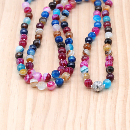 GMN259 Hand-Knotted Colorful Banded Agate Beaded Necklace 8mm 10mm