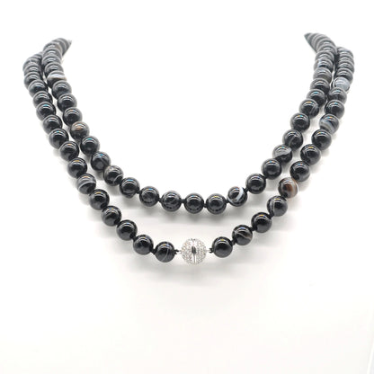 GMN260 Hand-Knotted Black Banded Agate Beaded Necklace 8mm 10mm