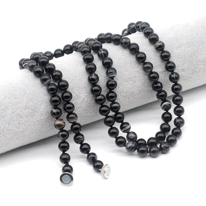 GMN260 Hand-Knotted Black Banded Agate Beaded Necklace 8mm 10mm