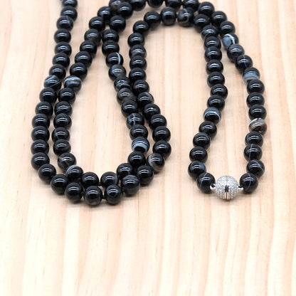 GMN260 Hand-Knotted Black Banded Agate Beaded Necklace 8mm 10mm