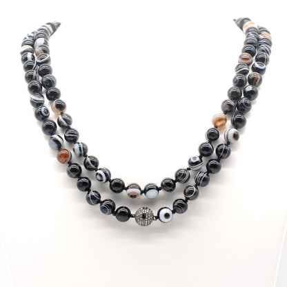 GMN261 Hand-Knotted Black Banded Agate Beaded Necklace 8mm 10mm