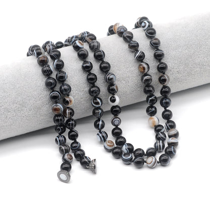 GMN261 Hand-Knotted Black Banded Agate Beaded Necklace 8mm 10mm