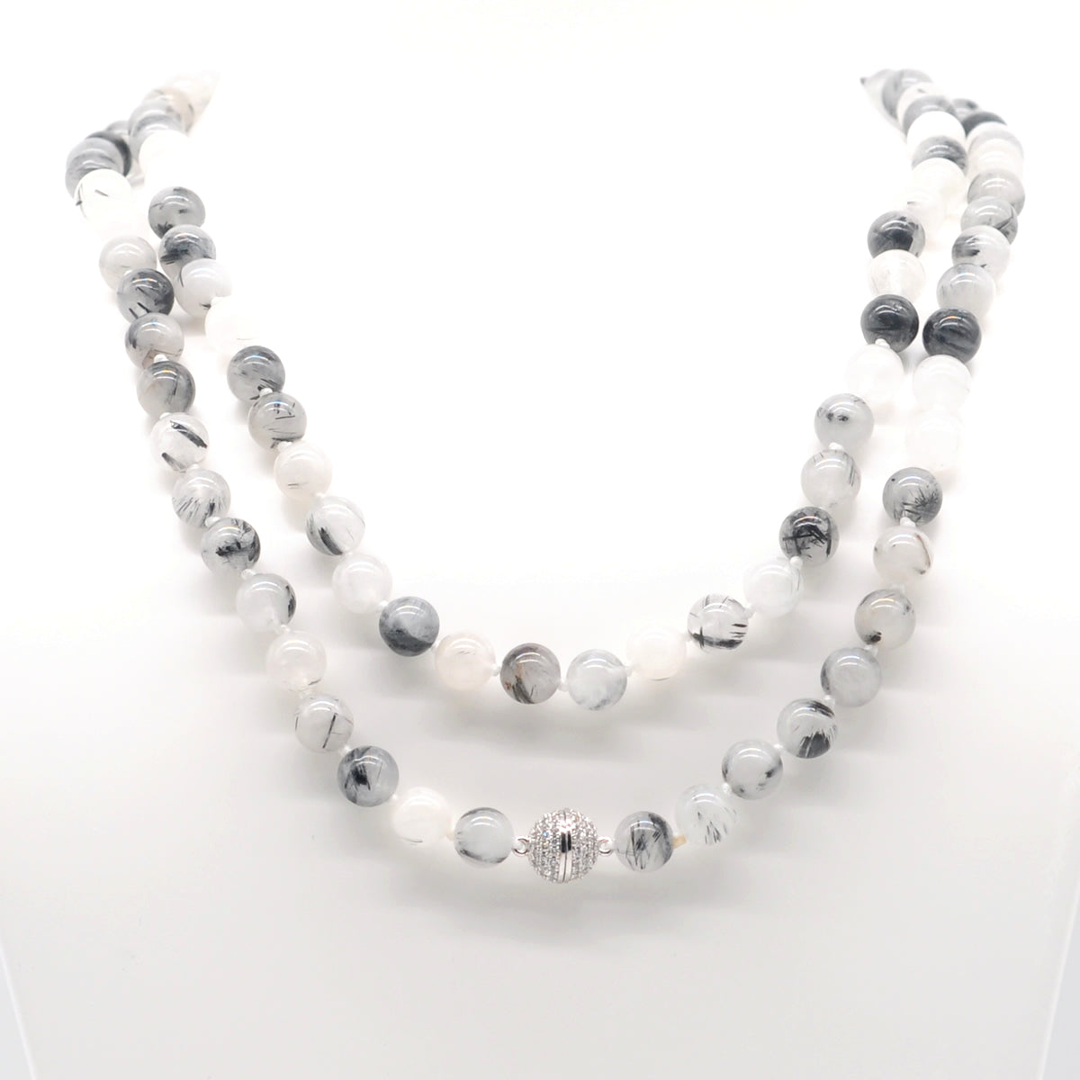 GMN270 Hand-Knotted Black Rutilated Quartz Beaded Necklace 8mm 10mm