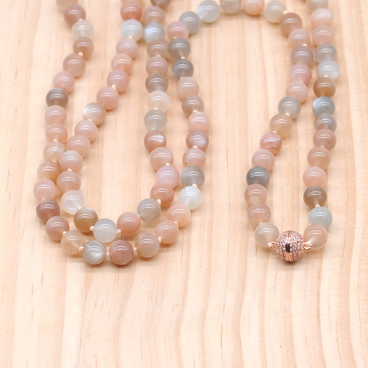 GMN278 Hand-Knotted Rainbow Moonstone Beaded Necklace 8mm 10mm