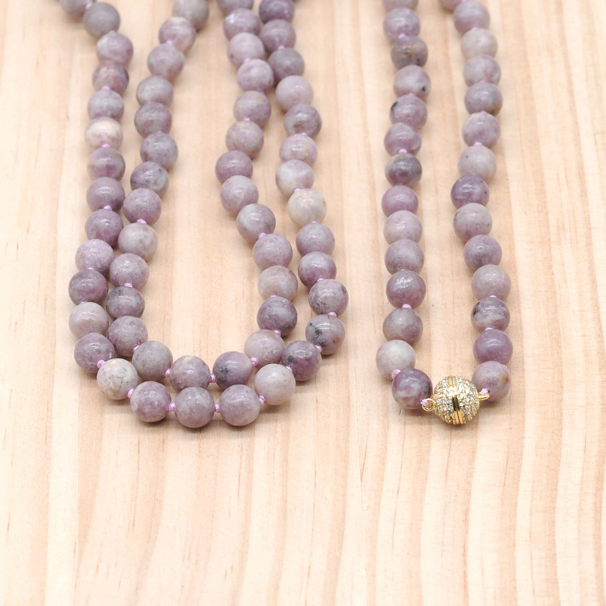 GMN280 Hand-Knotted Lepidolite Gemstone Beaded Necklace 8mm 10mm