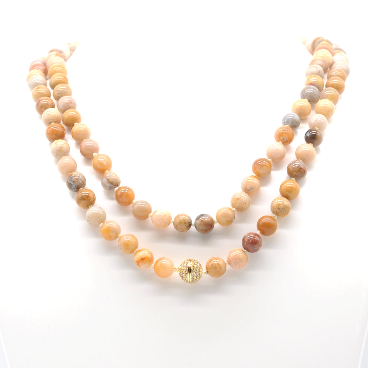 GMN282 Hand-Knotted Fossil Coral Beaded Necklace 8mm 10mm