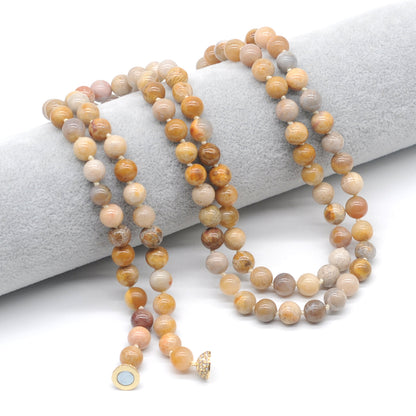 GMN282 Hand-Knotted Fossil Coral Beaded Necklace 8mm 10mm