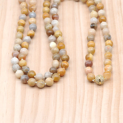 GMN282 Hand-Knotted Fossil Coral Beaded Necklace 8mm 10mm