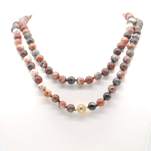 GMN284 Hand-Knotted Brecciated Jasper Beaded Necklace 8mm 10mm