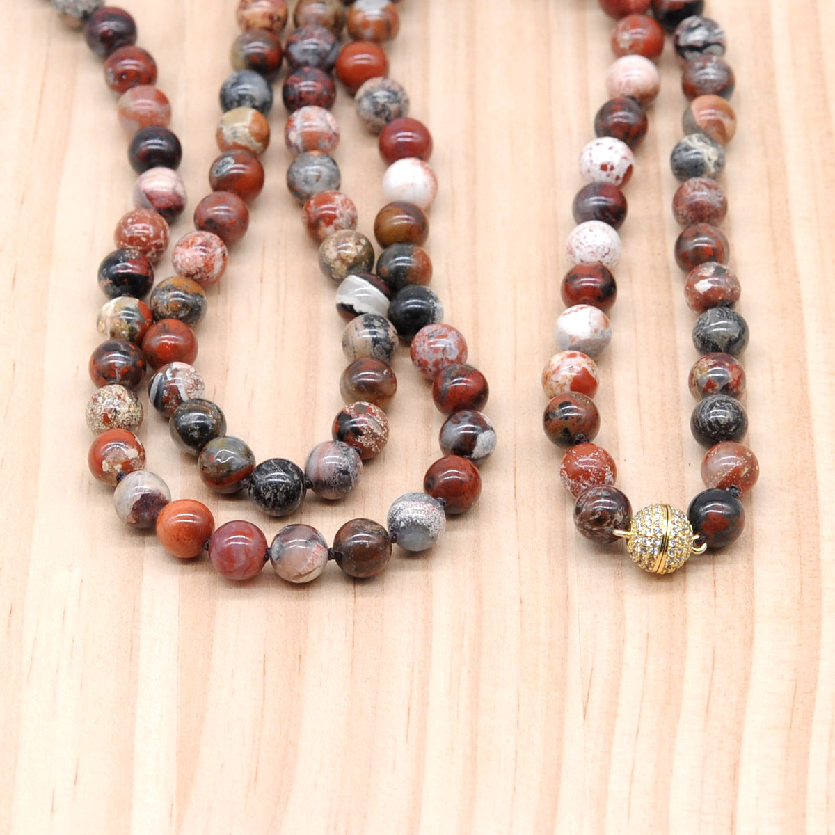 GMN284 Hand-Knotted Brecciated Jasper Beaded Necklace 8mm 10mm