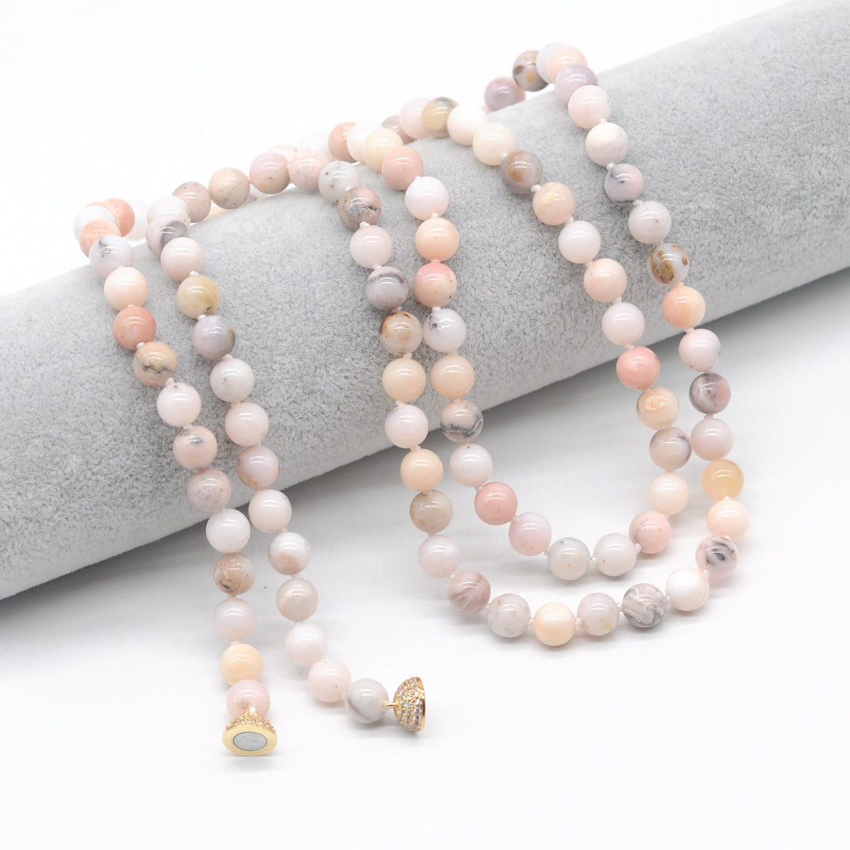 GMN287 Hand-Knotted Pink Opal Beaded Necklace 8mm 10mm