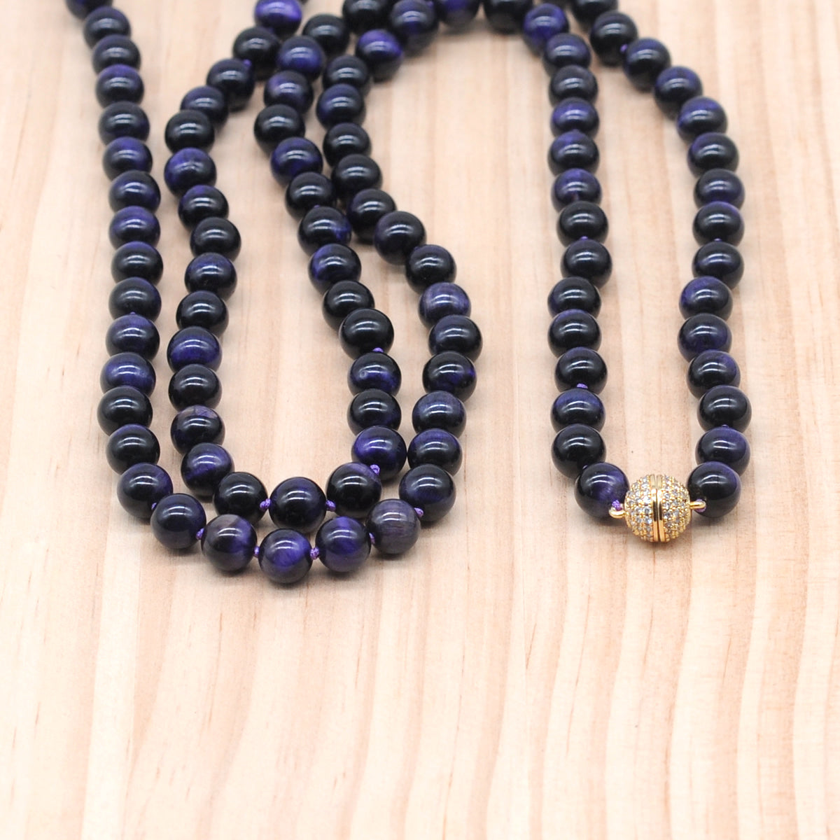 GMN304 Hand-Knotted Purple Tiger Eye Beaded Necklace 8mm 10mm