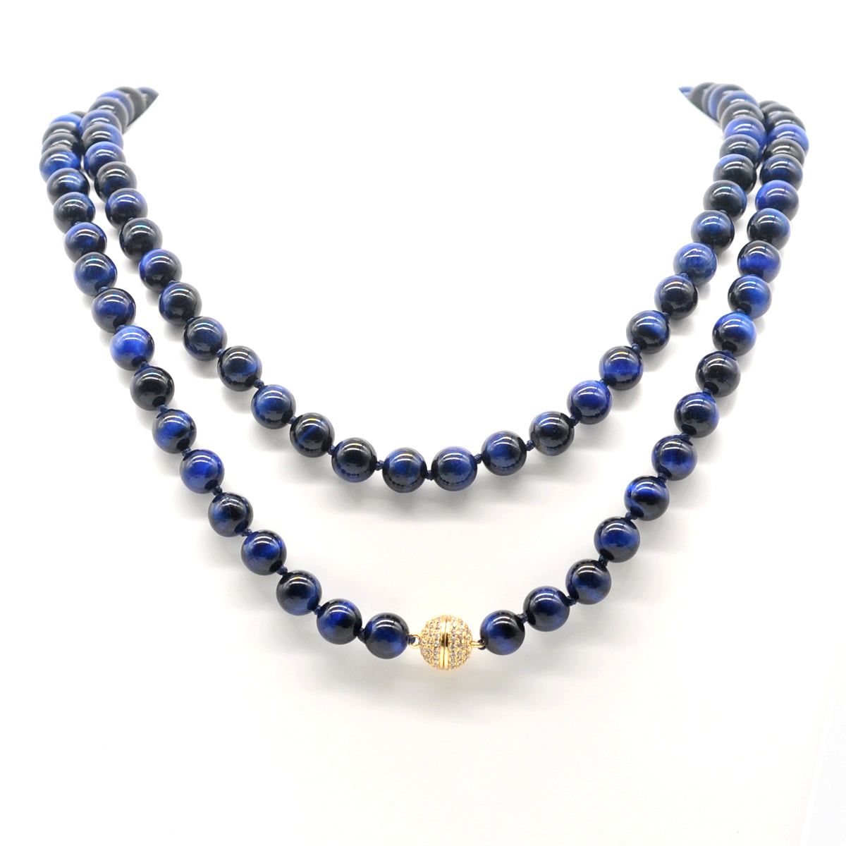 GMN305 Hand-Knotted Blue Tiger Eye Beaded Necklace 8mm 10mm