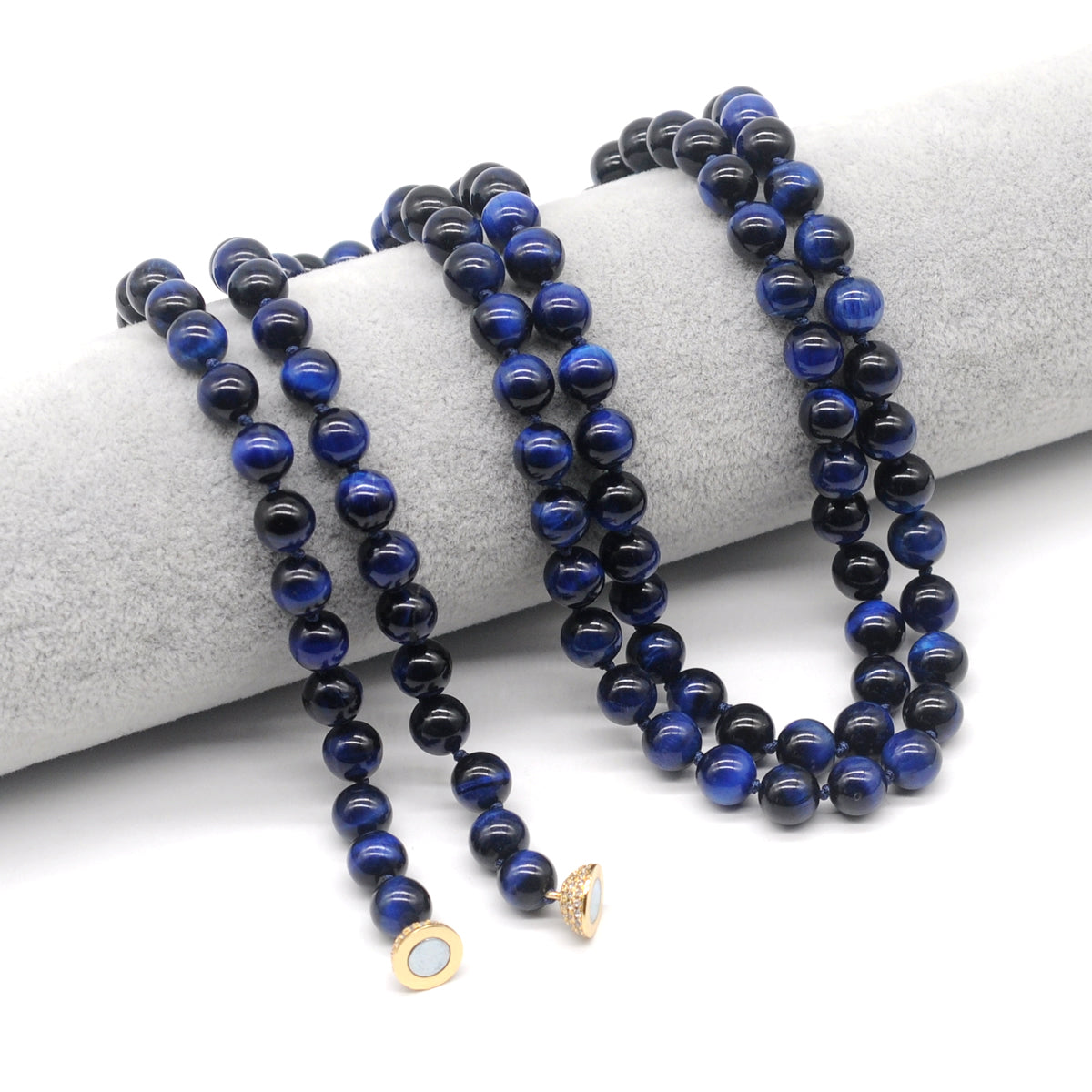 GMN305 Hand-Knotted Blue Tiger Eye Beaded Necklace 8mm 10mm