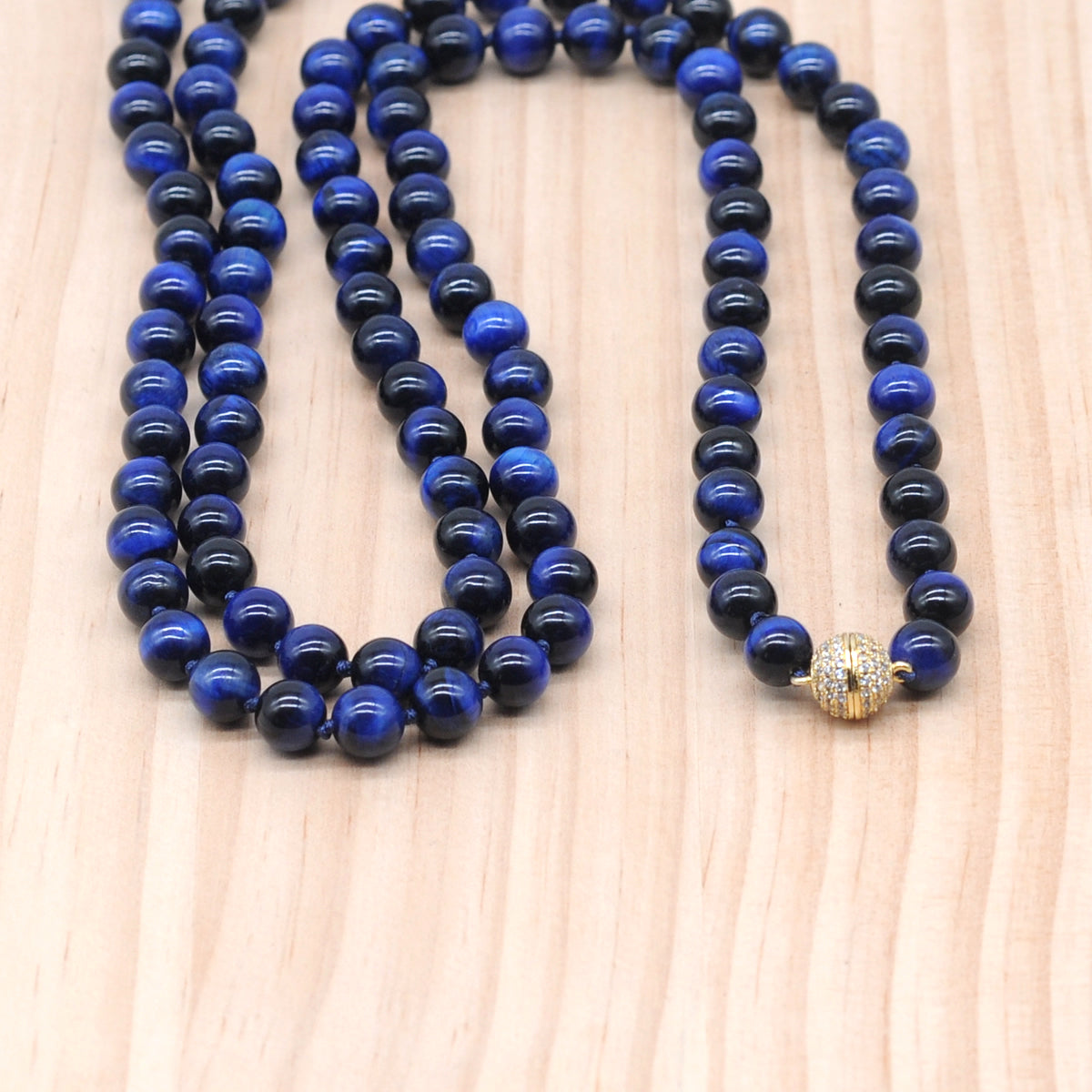 GMN305 Hand-Knotted Blue Tiger Eye Beaded Necklace 8mm 10mm