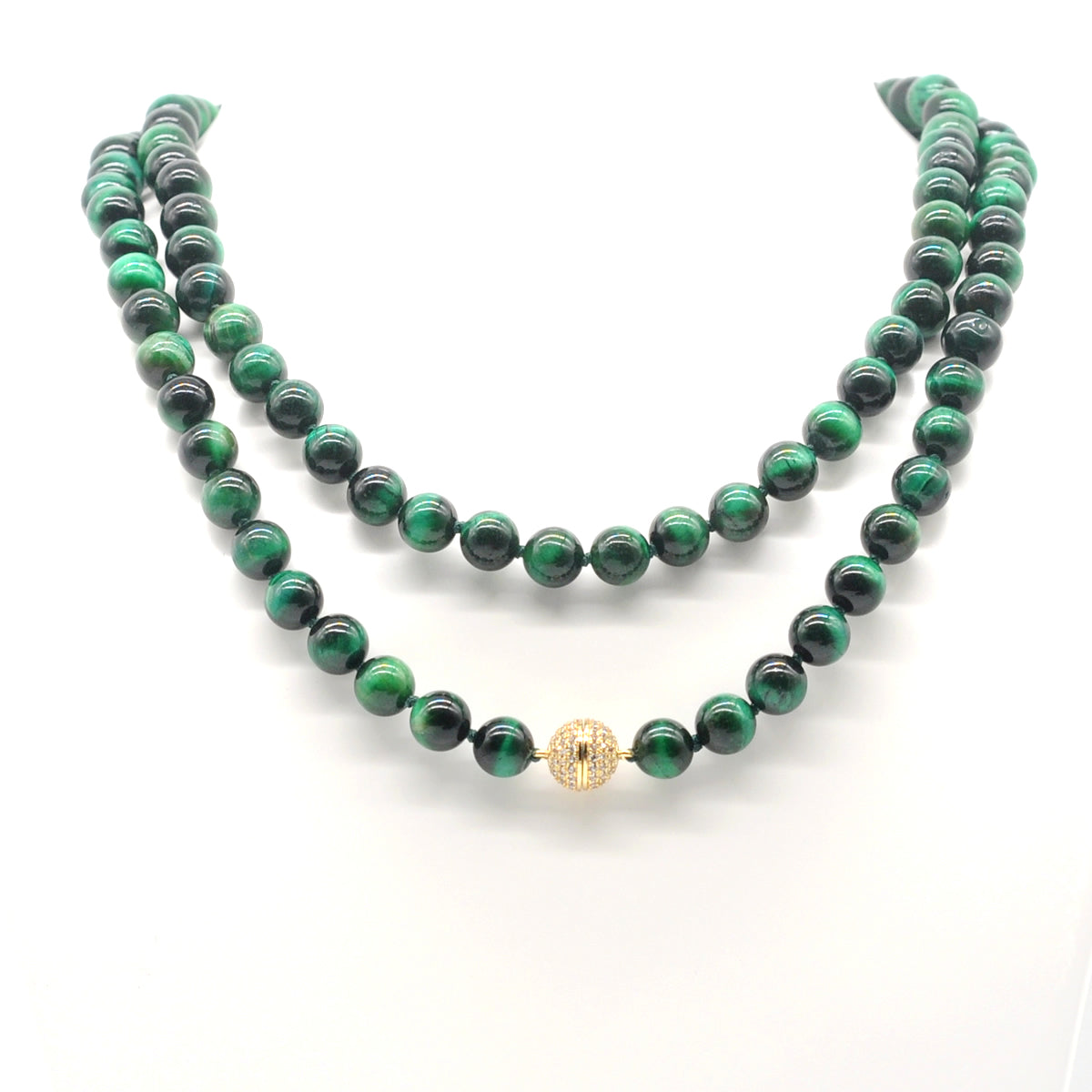 GMN306 Hand-Knotted Green Tiger Eye Beaded Necklace 8mm 10mm