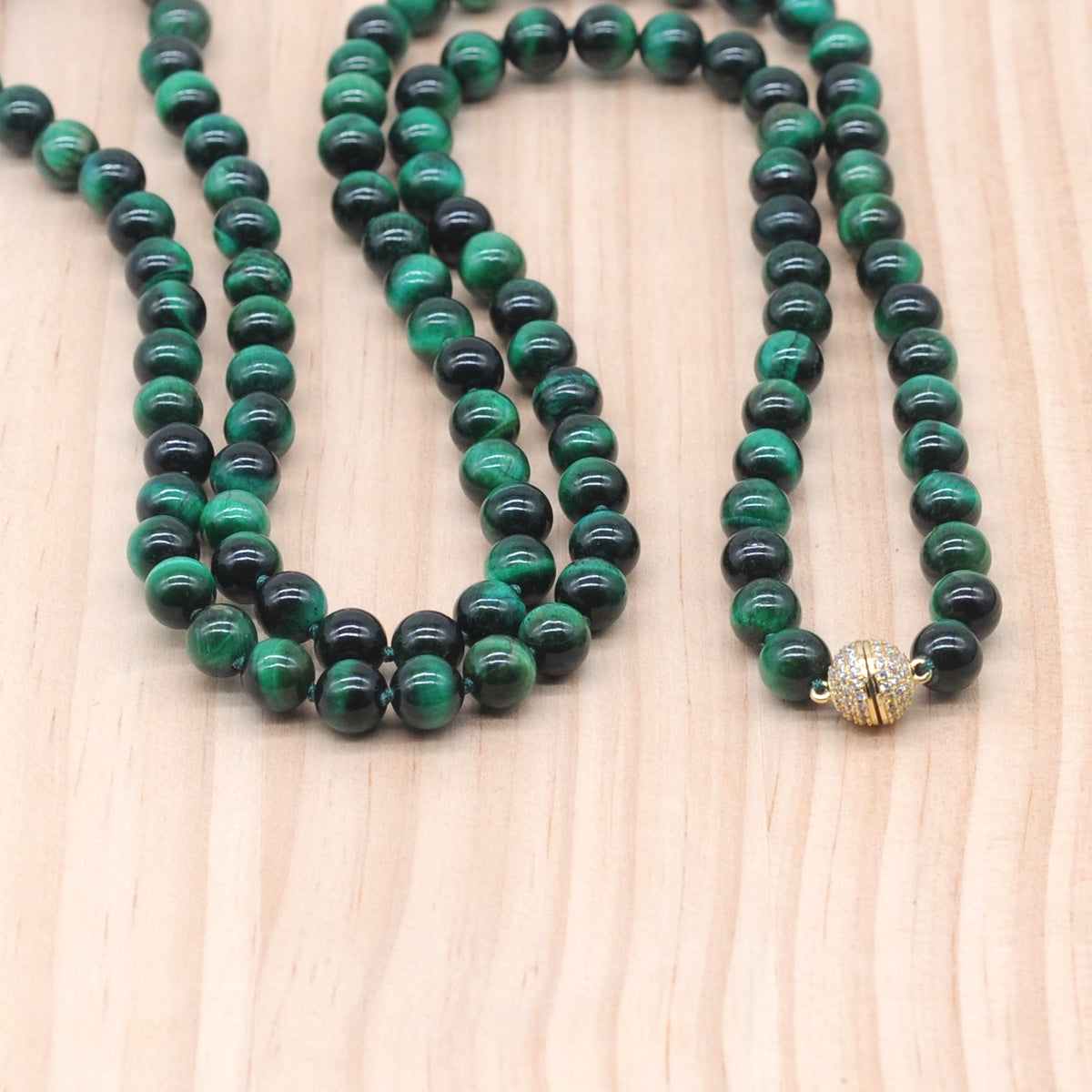 GMN306 Hand-Knotted Green Tiger Eye Beaded Necklace 8mm 10mm