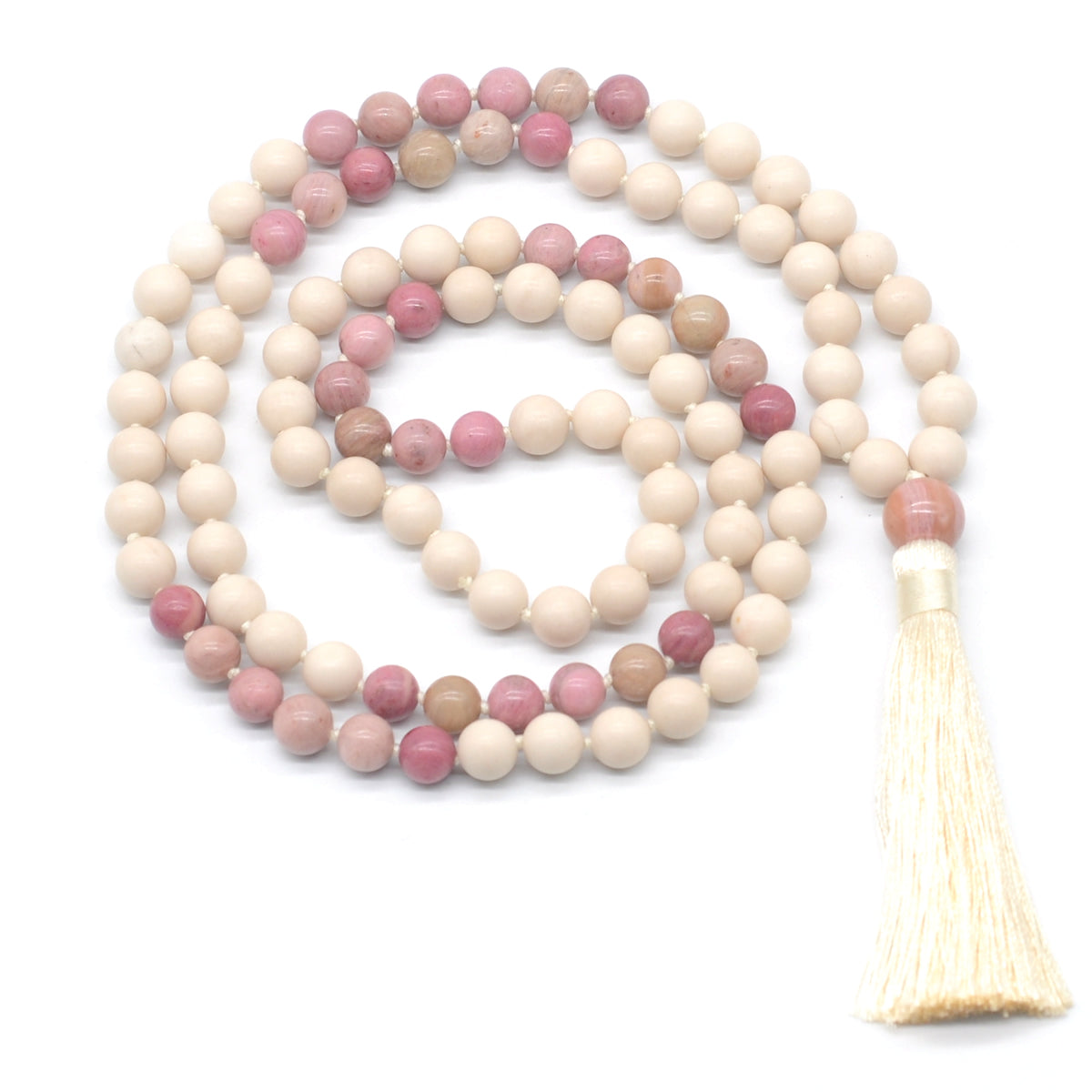 GMN350 Hand-Knotted White Fossil & Pink Wood Jasper 108 Beads Mala Necklace