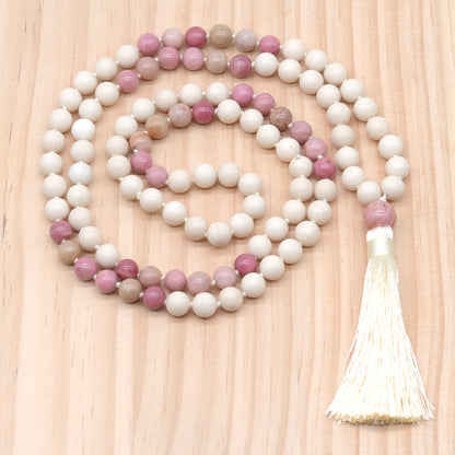 GMN350 Hand-Knotted White Fossil & Pink Wood Jasper 108 Beads Mala Necklace