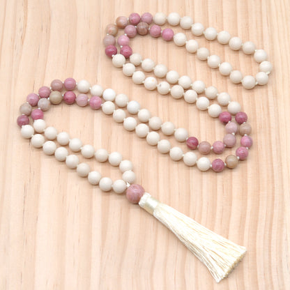 GMN350 Hand-Knotted White Fossil & Pink Wood Jasper 108 Beads Mala Necklace