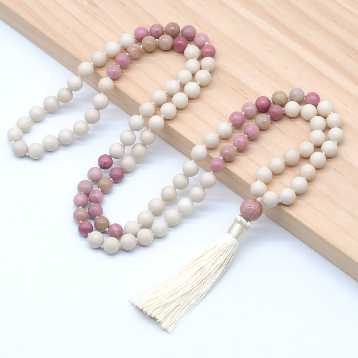 GMN350 Hand-Knotted White Fossil & Pink Wood Jasper 108 Beads Mala Necklace