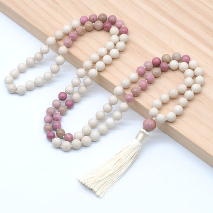 GMN350 Hand-Knotted White Fossil & Pink Wood Jasper 108 Beads Mala Necklace