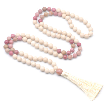 GMN350 Hand-Knotted White Fossil & Pink Wood Jasper 108 Beads Mala Necklace