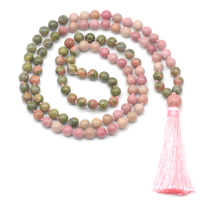 GMN351 Hand-Knotted Unakite & Pink Wooden Jasper 108 Beads Mala Necklace