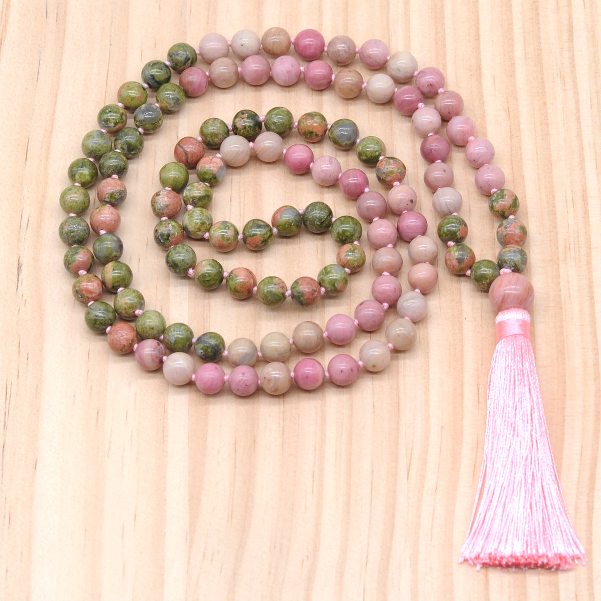 GMN351 Hand-Knotted Unakite & Pink Wooden Jasper 108 Beads Mala Necklace