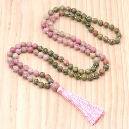 GMN351 Hand-Knotted Unakite & Pink Wooden Jasper 108 Beads Mala Necklace