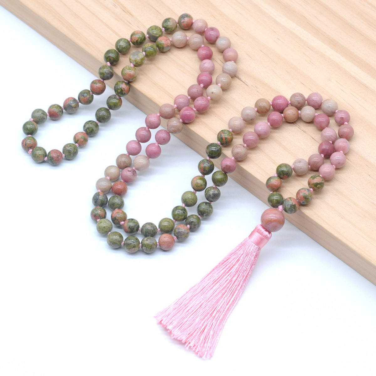 GMN351 Hand-Knotted Unakite & Pink Wooden Jasper 108 Beads Mala Necklace