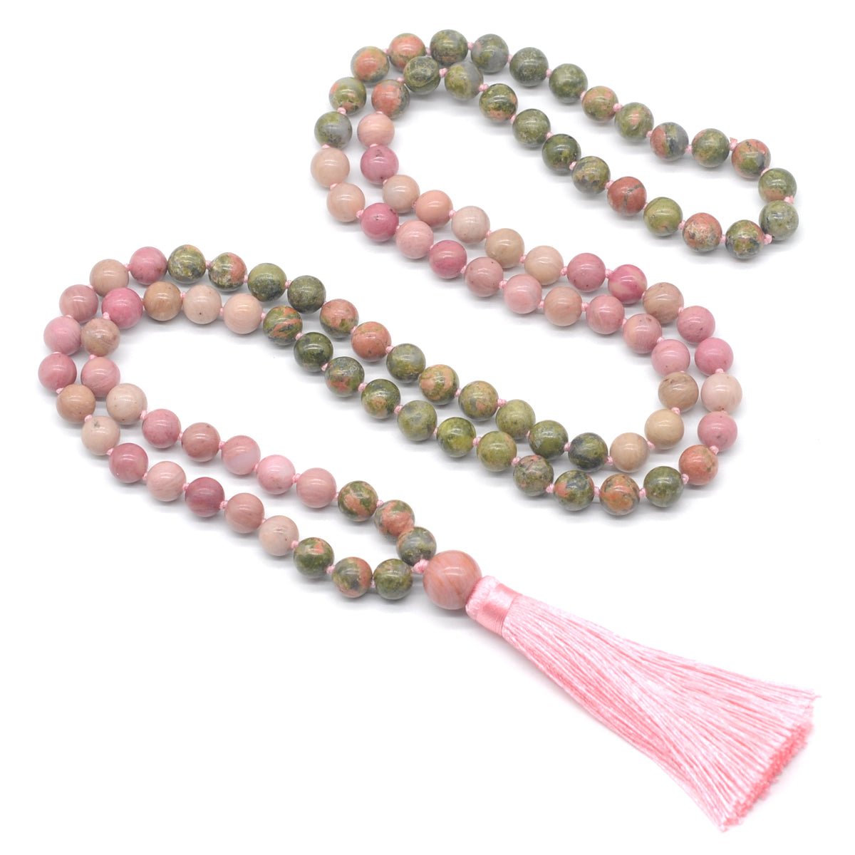 GMN351 Hand-Knotted Unakite & Pink Wooden Jasper 108 Beads Mala Necklace