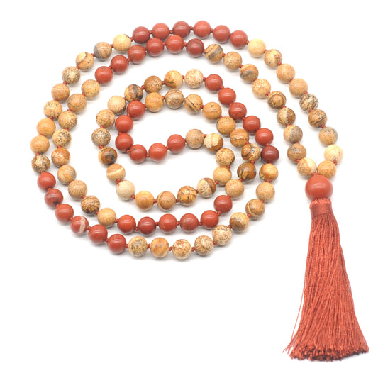 GMN352 Hand-Knotted Picture Jasper & Red Jasper 108 Beads Mala Necklace