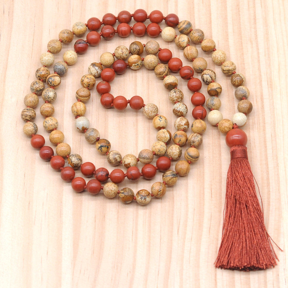 GMN352 Hand-Knotted Picture Jasper & Red Jasper 108 Beads Mala Necklace