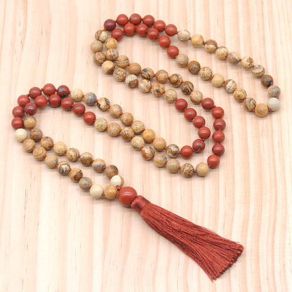 GMN352 Hand-Knotted Picture Jasper & Red Jasper 108 Beads Mala Necklace