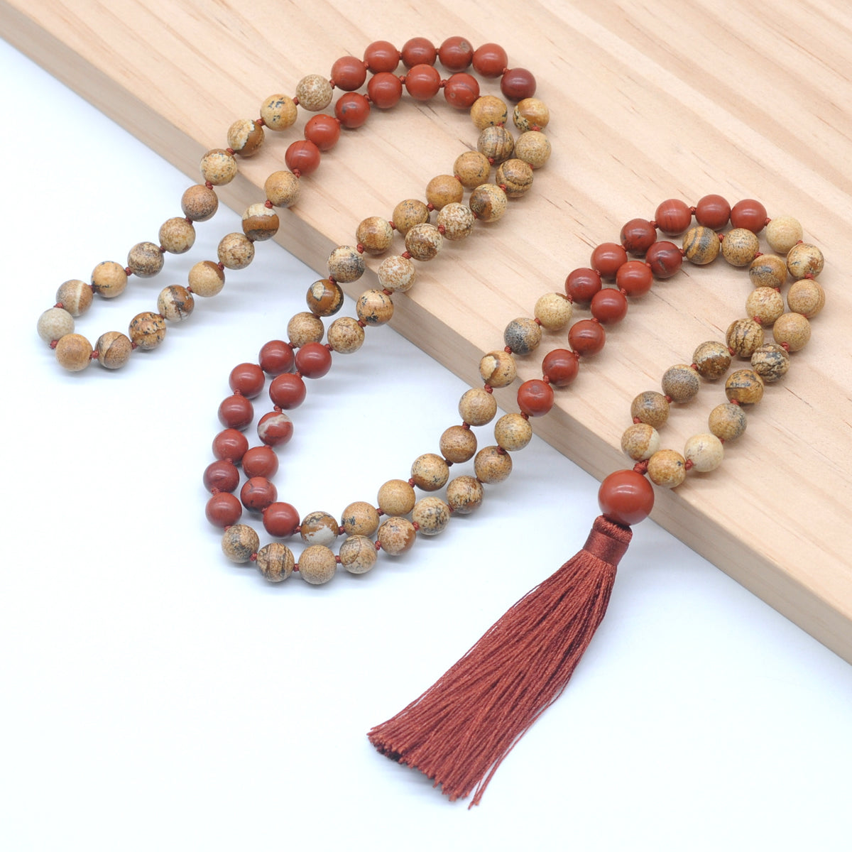 GMN352 Hand-Knotted Picture Jasper & Red Jasper 108 Beads Mala Necklace