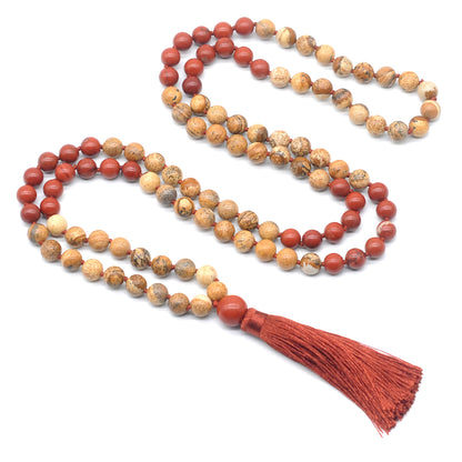 GMN352 Hand-Knotted Picture Jasper & Red Jasper 108 Beads Mala Necklace